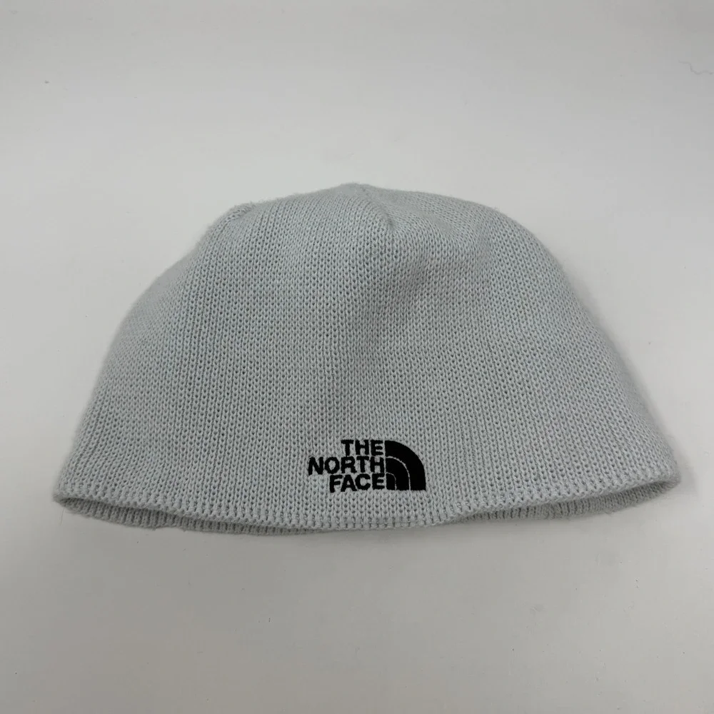 The North Face Light Grey Knit Fleece Lined Beanie Skull Cap Embroidered Logo